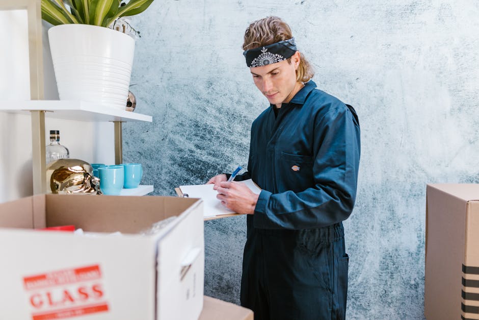 A young man with light brown hair, wearing a black bandana and a blue work jumpsuit, is in a room with a light textured wall. He is holding a clipboard and pen, appearing to document or check a list. In front of him is an open cardboard box filled with items, including a red object and some packing materials. To his left on a white shelving unit are decorative objects such as a white vase with a green plant, a gold ornament, and blue ceramic cups, indicating home or office packing. The scene suggests an indoor packing or pre-move assessment process, related to house removals or furniture transport, with the focus on organized packing and documentation, aligning with the services offered by Stockwell Removals.